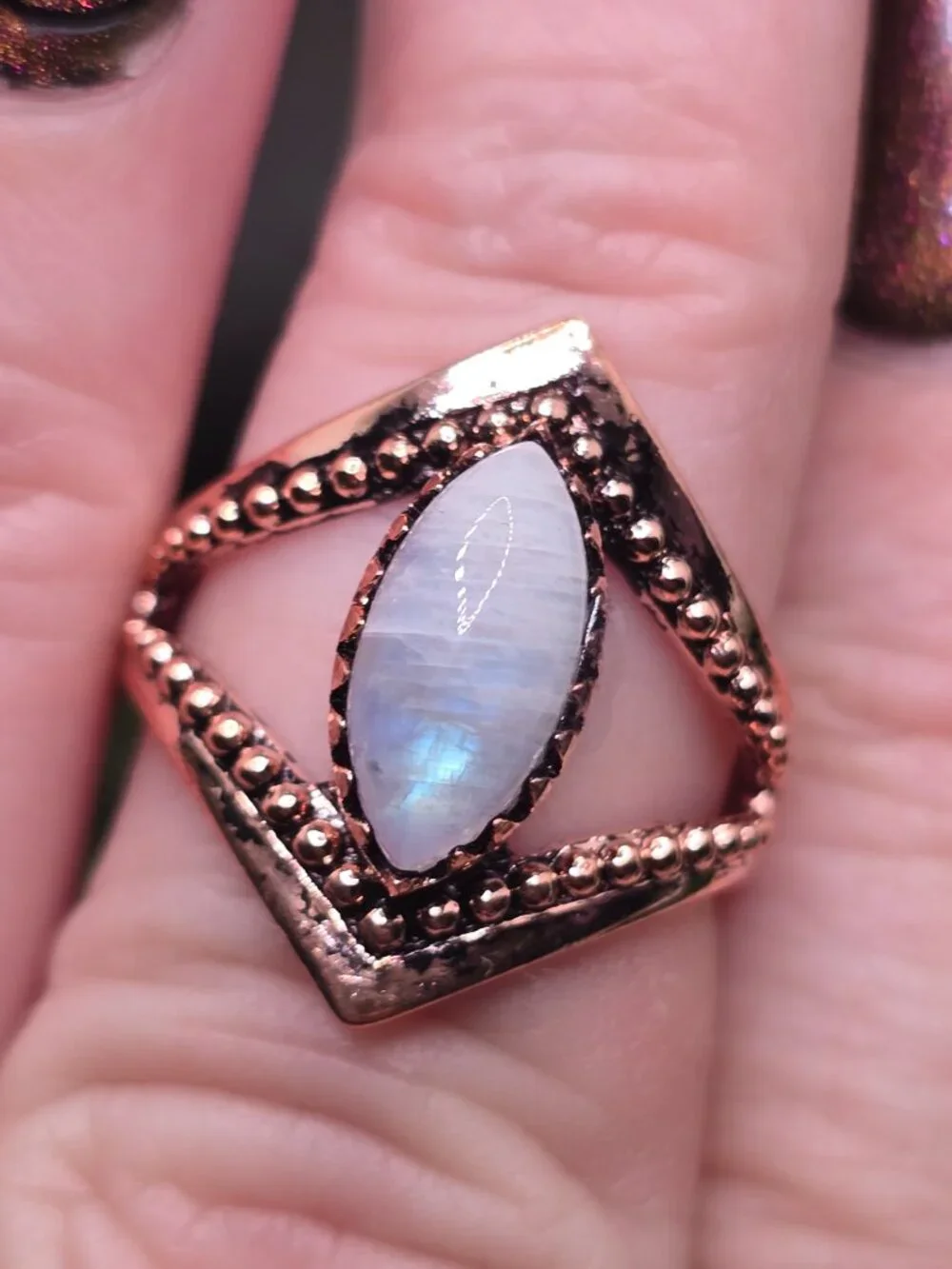 Moonstone Copper Marquise Ring Size 7 Blue Flash Gemstone Jewelry